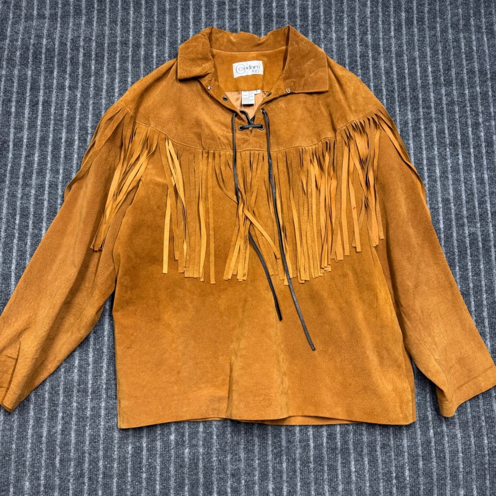 Vintage Cedars Large Brown Suede Leather Fringe Western Pull Over Lace Up Jacket